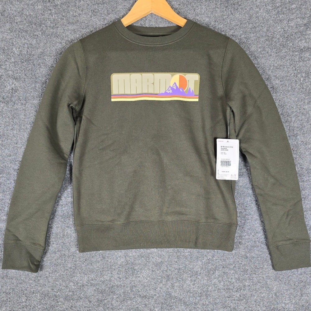 NWT Marmot Women's Montane Crew Sweatshirt Nori‎ Green Graphic Logo Size XS